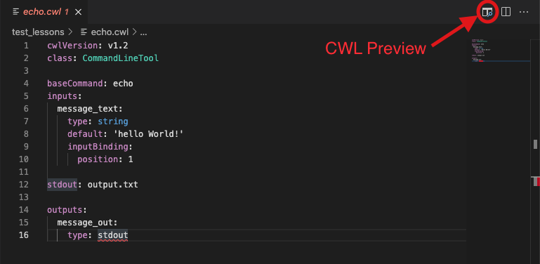 Diagram showing location of CWL preview button in VSCode window